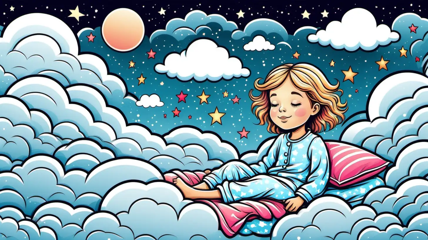 simple colorful line art of dreams for a kids coloring book. little girl in pyjamas dreaming on clouds. with color for bookcover.