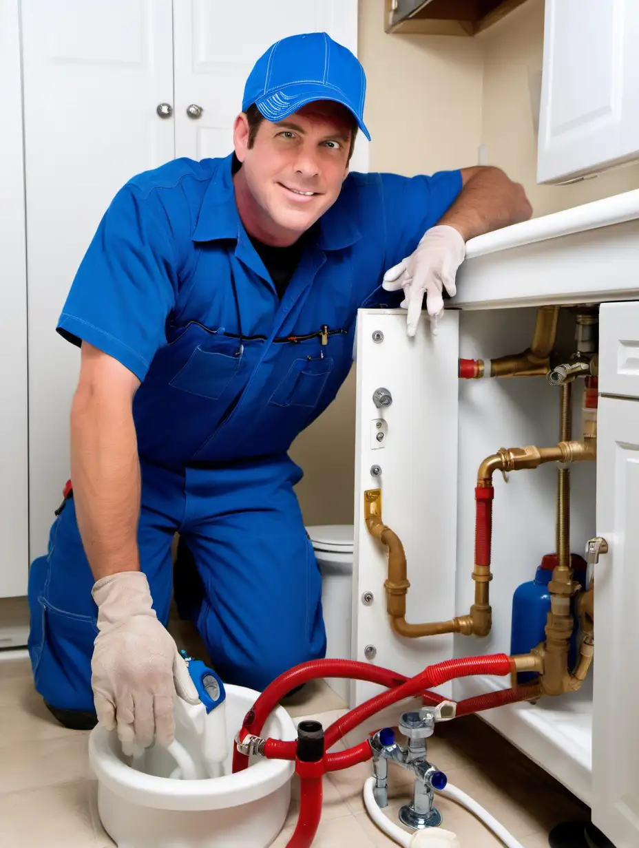 American plumber in blue uniforms, working on "No Hot Water Emergencies" Plumbing Services, with of plumbing. Main Focus on main service in the images. need HD images.