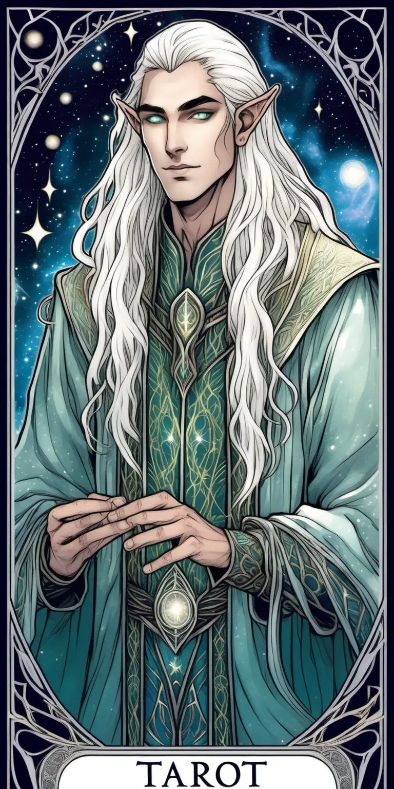A tarot card with an elven young man. The man looks celestial or astral, with white long shimmering hair, glowing eyes and ethereal markings. He is very pale and has mage attire. Cosmic theme