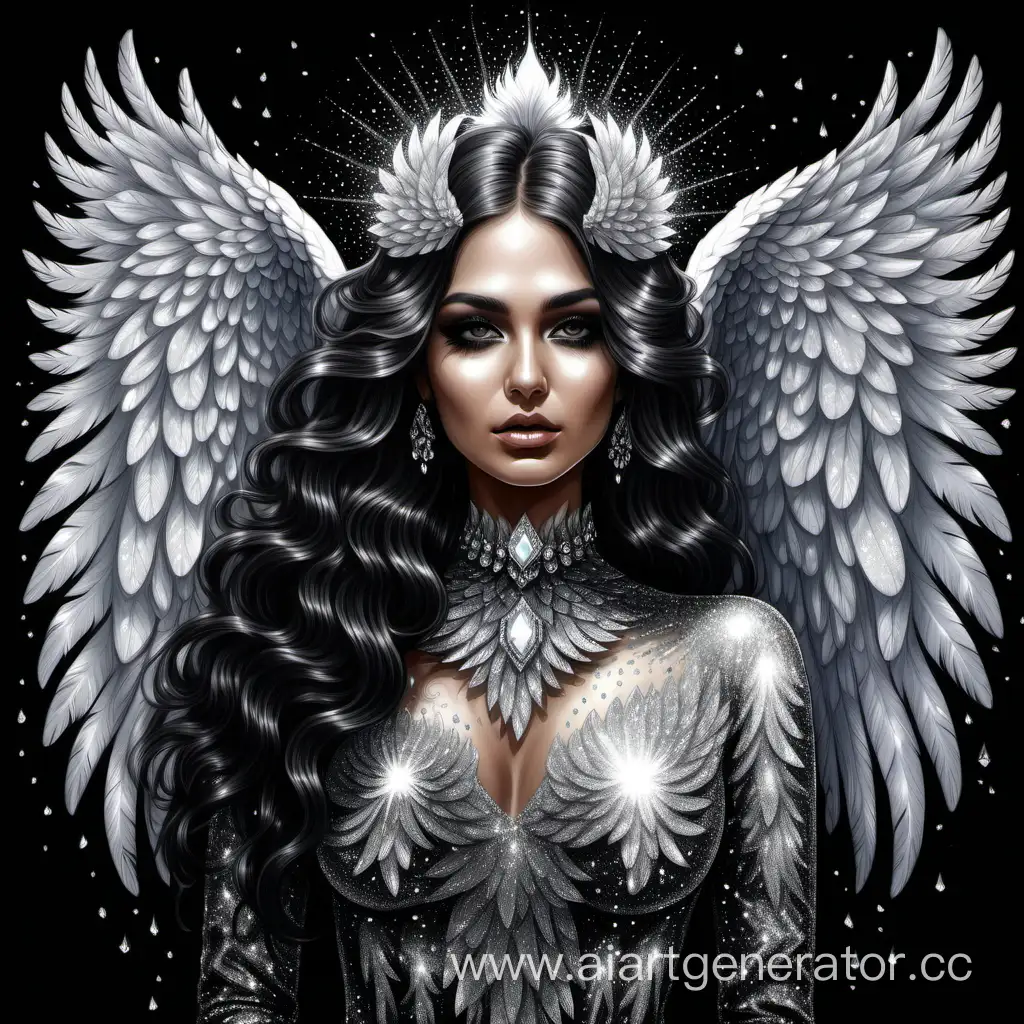 front view artist by Sara Shakeel Glitter drawing the sparkling crystals sparkling swarovski russin women wavy beautiful hair glitter art Sara Shakeel White with black feathered eagle wings placed in the middle of it's back, mane of darkness, 4k, Mysterious