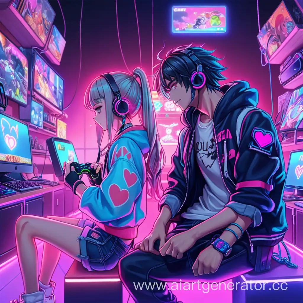 couple in love, gamers, neon, anime, phonk