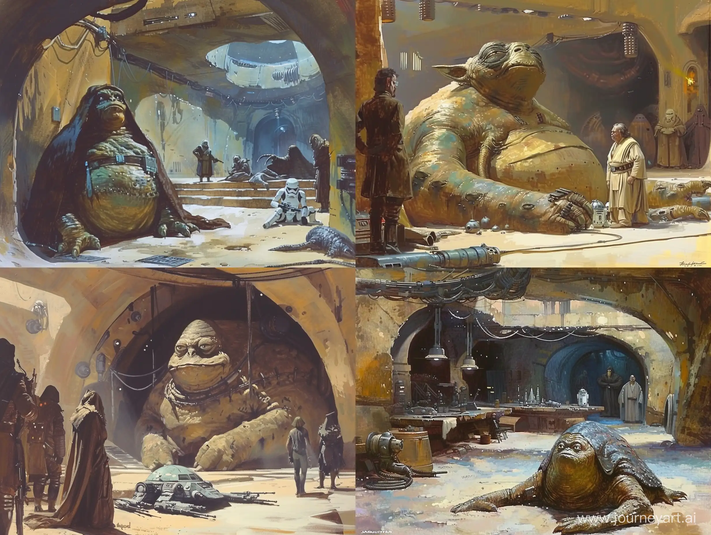 Classic star wars concept art of a scene in Jabba's palace painted by Ralph McQuarrie. 80s sci fi concept art. in color. 