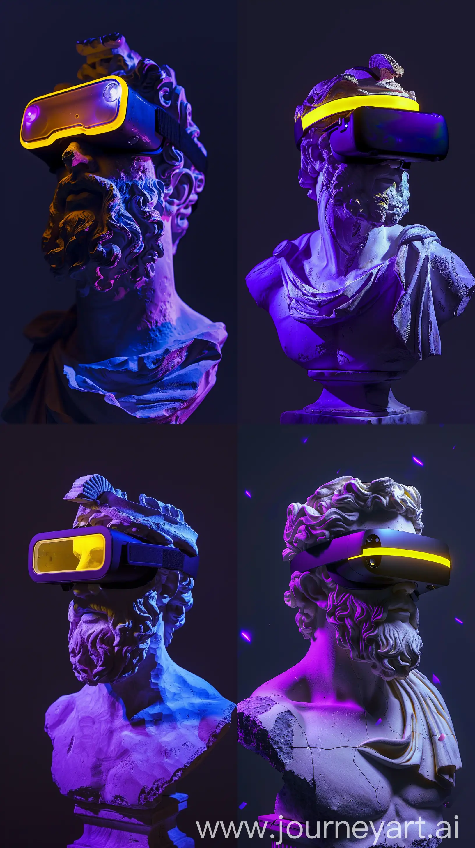 A Plaster Sculpture of Zeus, Black VR Glasses With Yellow LED, Purple Light Reflections on Sculpture, Dark Background, Dreamy Pose, Medium Shot, Space Above the Image is Empty, High Precision --v 6.0 --ar 9:16