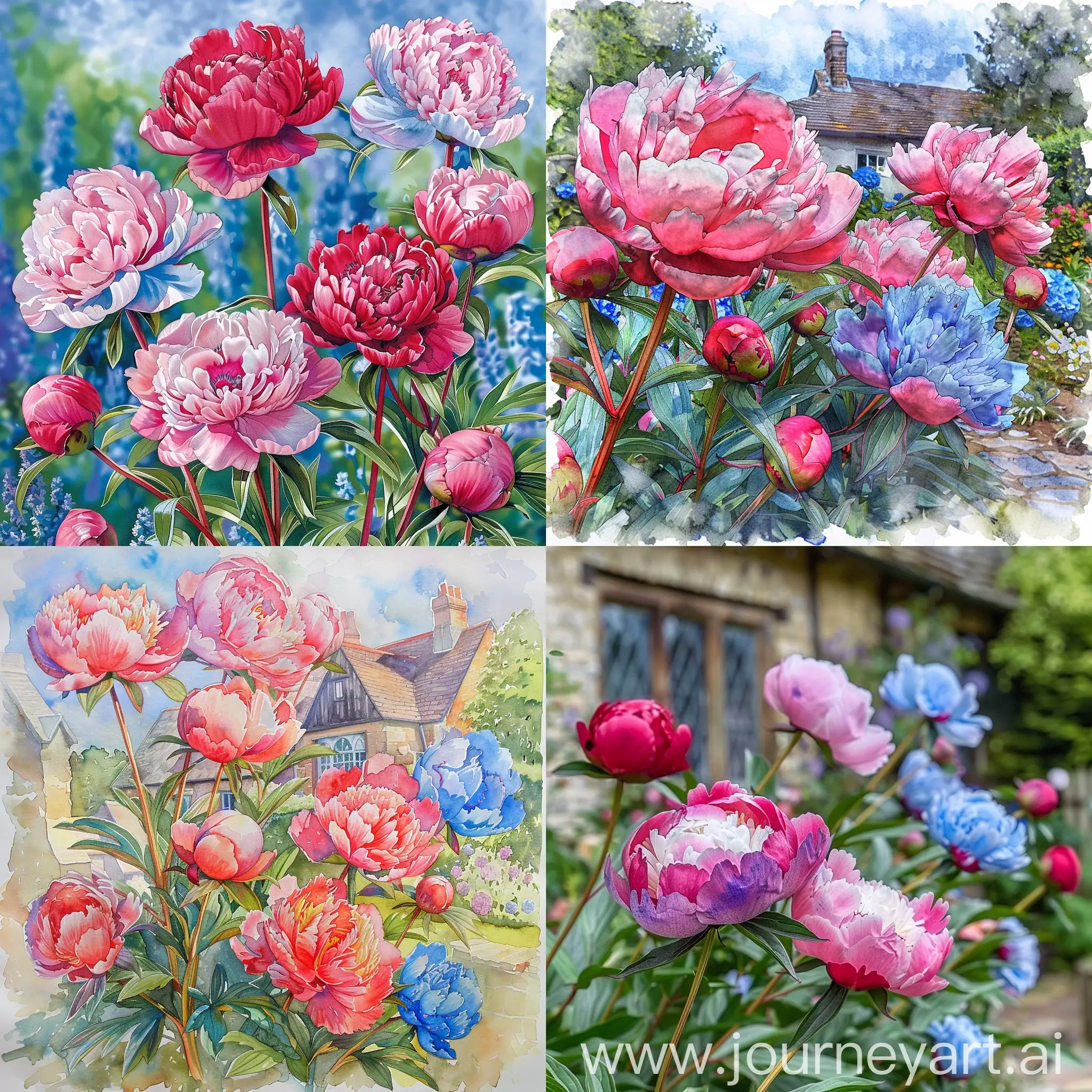 Pfingstrosen in changierenden rosa und rot und blau Tönen im aquarell stil und in einem englischen cottage Garten 