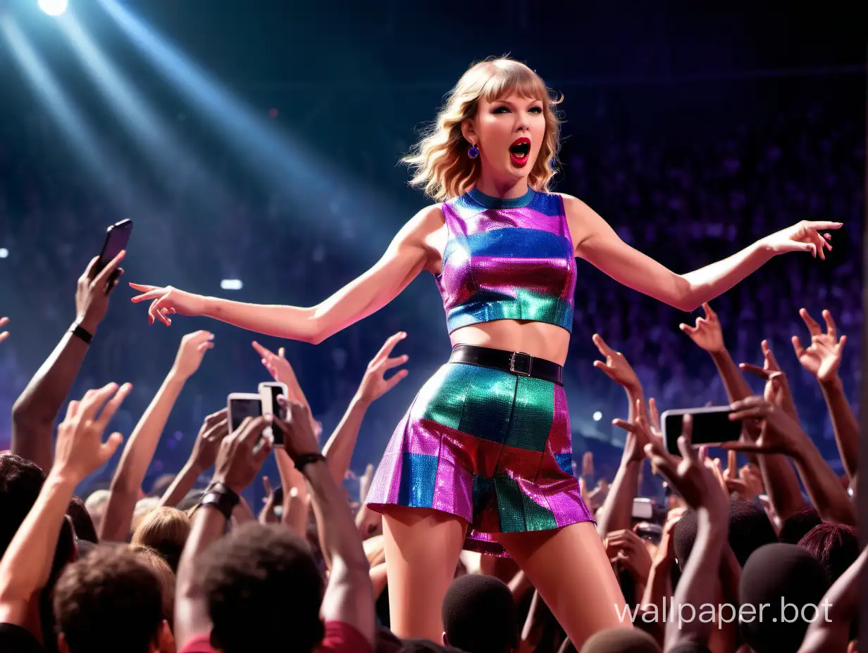 Taylor Swift singing and dancing on stage in an iPhone lit stadium, She is centre stage surrounded by musicians and backup dancers. colorful atmosphere, spectacular detail, sharp images