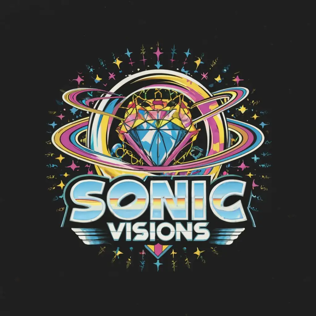 a logo design, with the text 'Sonic Visions', main symbol: cosmic black hole swirl and fractured diamond heart, psychedelic, sonic the hedgehog font, complex, to be used in Entertainment industry, transparent background