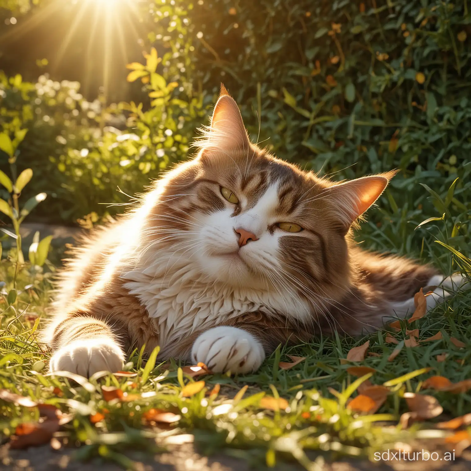 Imagine a domestic cat, of medium size, with soft and silky fur. Its posture is that of peaceful sleep, lying on its back with its legs stretched out in a relaxed manner. The cat rests on a carpet of green grass bathed in the golden light of a setting sun. Sunlight filters through the leaves of nearby trees, creating patterns of shadow and light on the cat's fur.

The cat's face expresses deep tranquility, with its eyes closed and its whiskers slightly quivering. Its breathing is calm and steady. The details of its fur are meticulously depicted, with shades of beige, cream, and brown blending harmoniously. Warm reflections of sunlight accentuate the contours of its body, creating a warm and soothing atmosphere.

Around the cat, you can distinguish some additional elements typical of a garden, such as colorful flowers in the background, fallen leaves scattered on the ground, and perhaps a butterfly fluttering nearby. The environment is imbued with the magical ambiance characteristic of Disney films, where every detail is carefully crafted to evoke the beauty of nature and the sweetness of domestic life.

The entire image exudes a sense of tranquility and happiness, capturing the magical moment when a cat indulges in the simple pleasure of basking in the sun. The artistic style is faithful to that of Disney animations, with soft lines, vibrant colors, and special attention to the expressions and emotions of the characters. Each element of the image contributes to creating an immersive and captivating scene, inviting the viewer to get lost in this moment of pure enchantment.