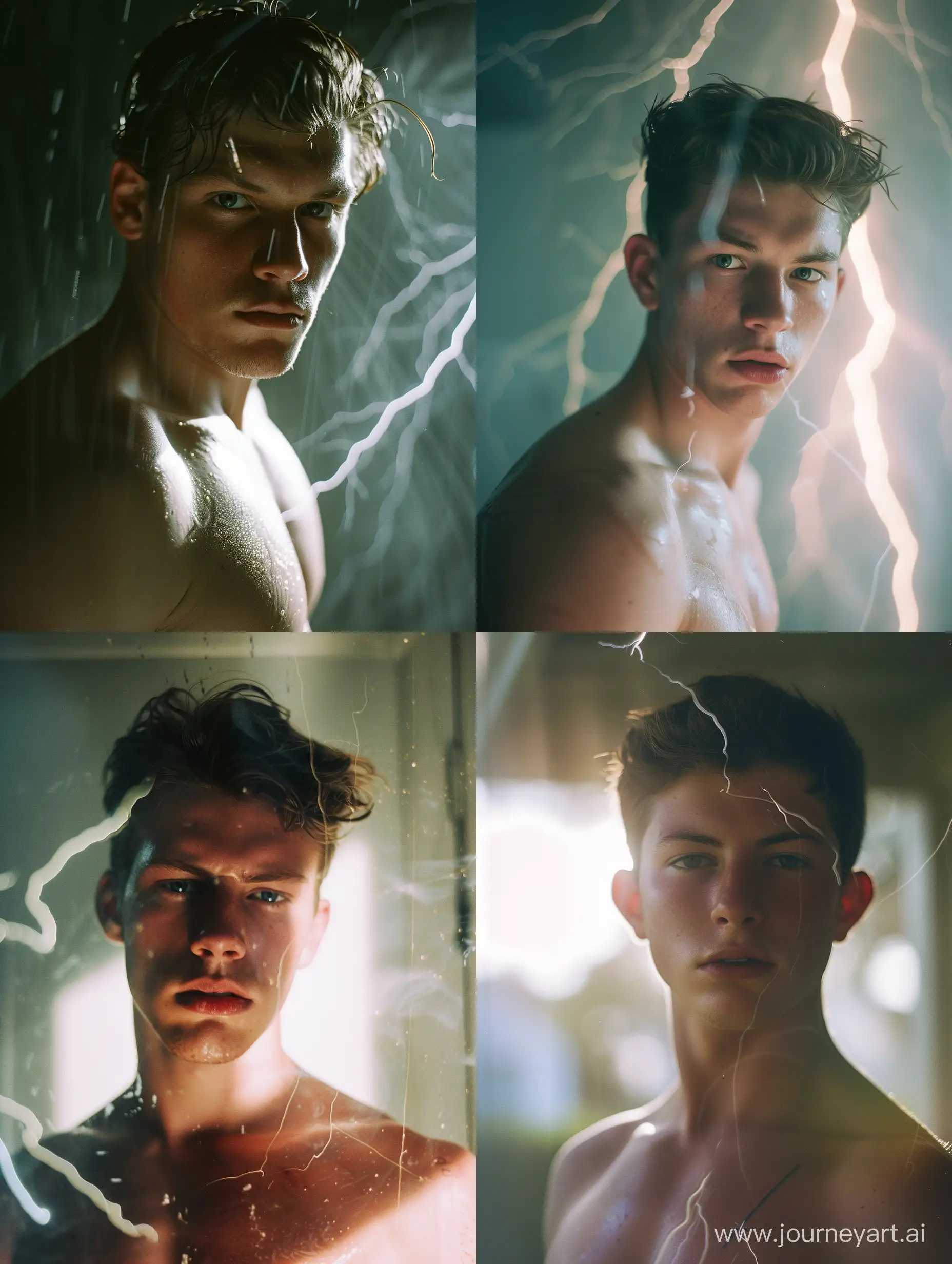 toxic masculinity, shirtless mid 20s guy, front facing, looking into the camera, cinematic style, raw edgy atmosphere and lightning, daylight, analog film — style raw