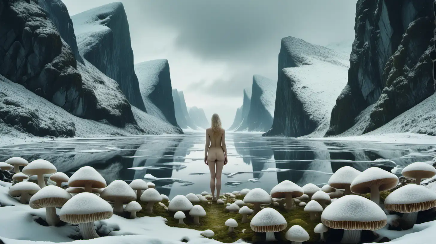 Psychedelic landscape, very high Nordic fjords surrounding on either side, snowy weather, muted colors, nude woman in center looking away from viewer, moss, Large ice mushrooms with gills, euphoric, serene