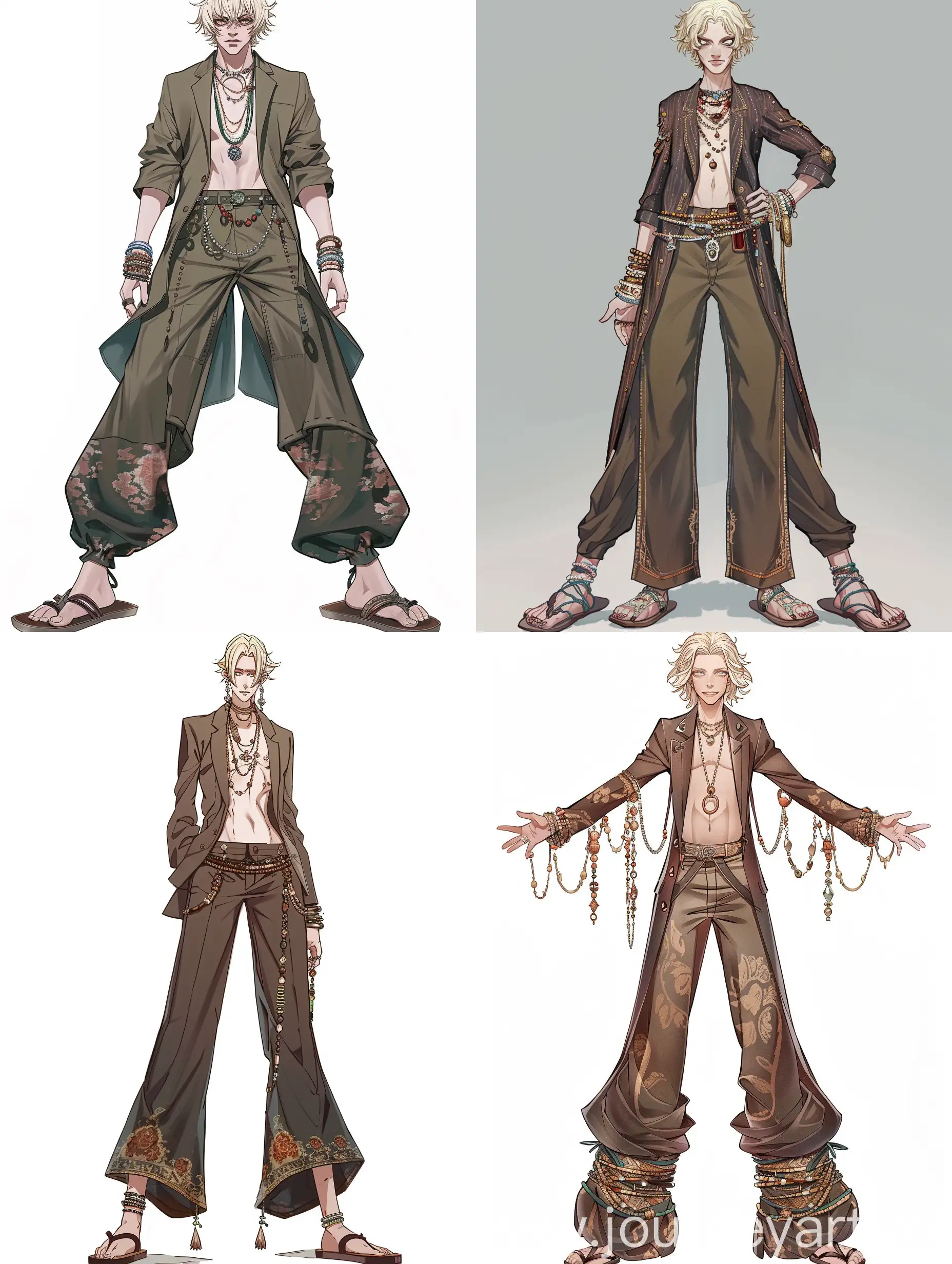 man, anime style, slender, blond, white eyes, pale skin, tall, in a russian style suit, hippie style, many bracelets, large wide and short pants, sandals on his feet, full height, multiple times