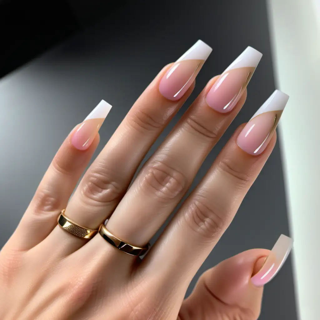Elegant Tapered Square Nails with French Tips and Stylish Rings