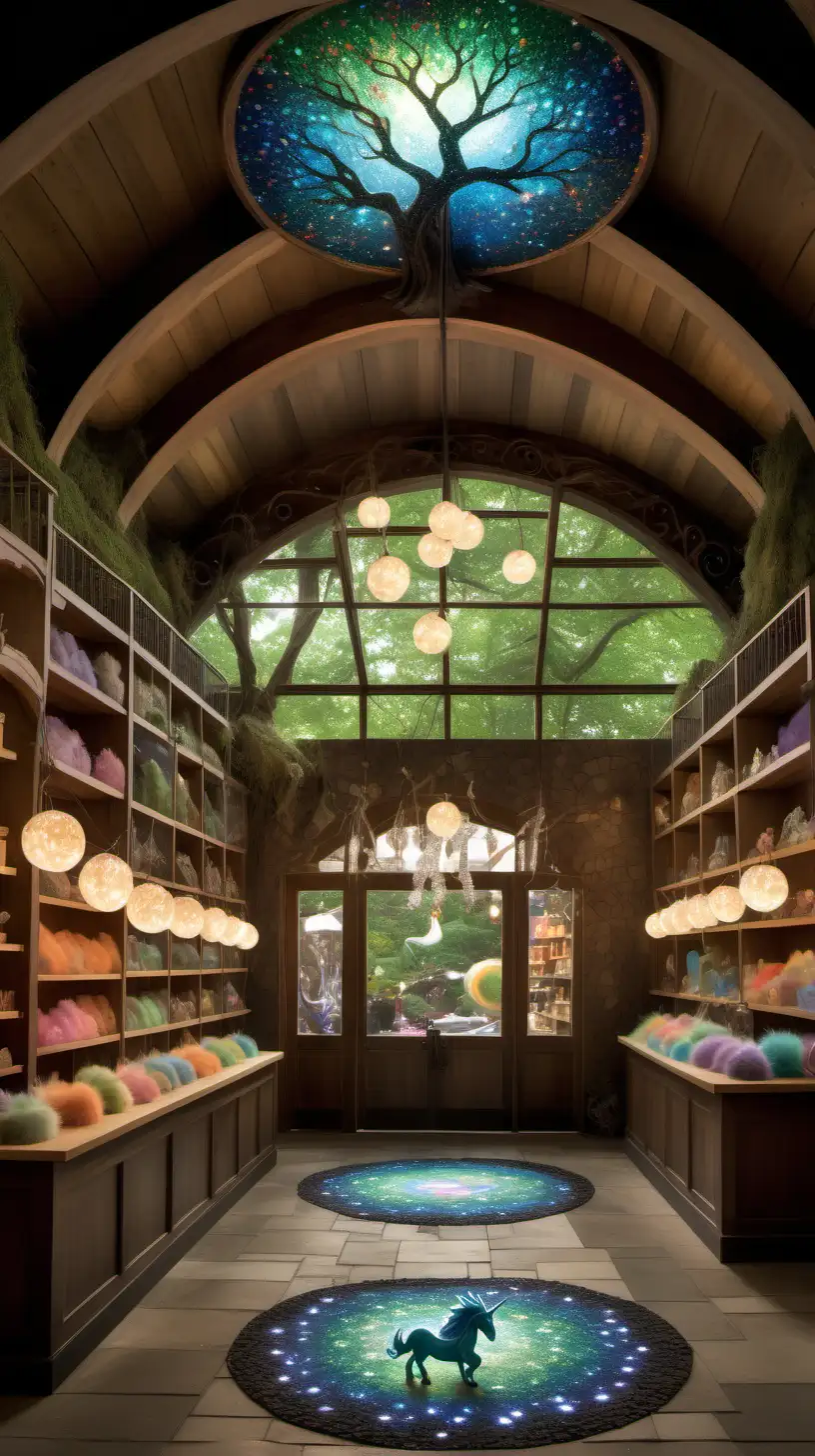 The pet shop interior is lined with rustic wooden shelves and cabinets, filled with a variety of whimsical items.
The floor is a mosaic of multicolored stones that seem to glow faintly, adding to the shop's enchanted ambiance.
Large, arched windows let in a soft, diffused light that bathes the shop in a warm, inviting glow.
The ceiling is high and vaulted, with hanging lanterns that resemble floating orbs of light, casting gentle illumination on the shop's inhabitants.
aby dragons of various colors and sizes perch on branches that sprout from a magical tree in the center of the shop. Some are playfully puffing out small smoke rings or tiny sparks.
Baby unicorns are scattered around the shop; one is playfully trotting around a water fountain made of crystals, while another rests on a bed of soft, luminescent moss.
Each unicorn's mane and tail are imbued with a gentle shimmer, as if dusted with a layer of sparkling magic.