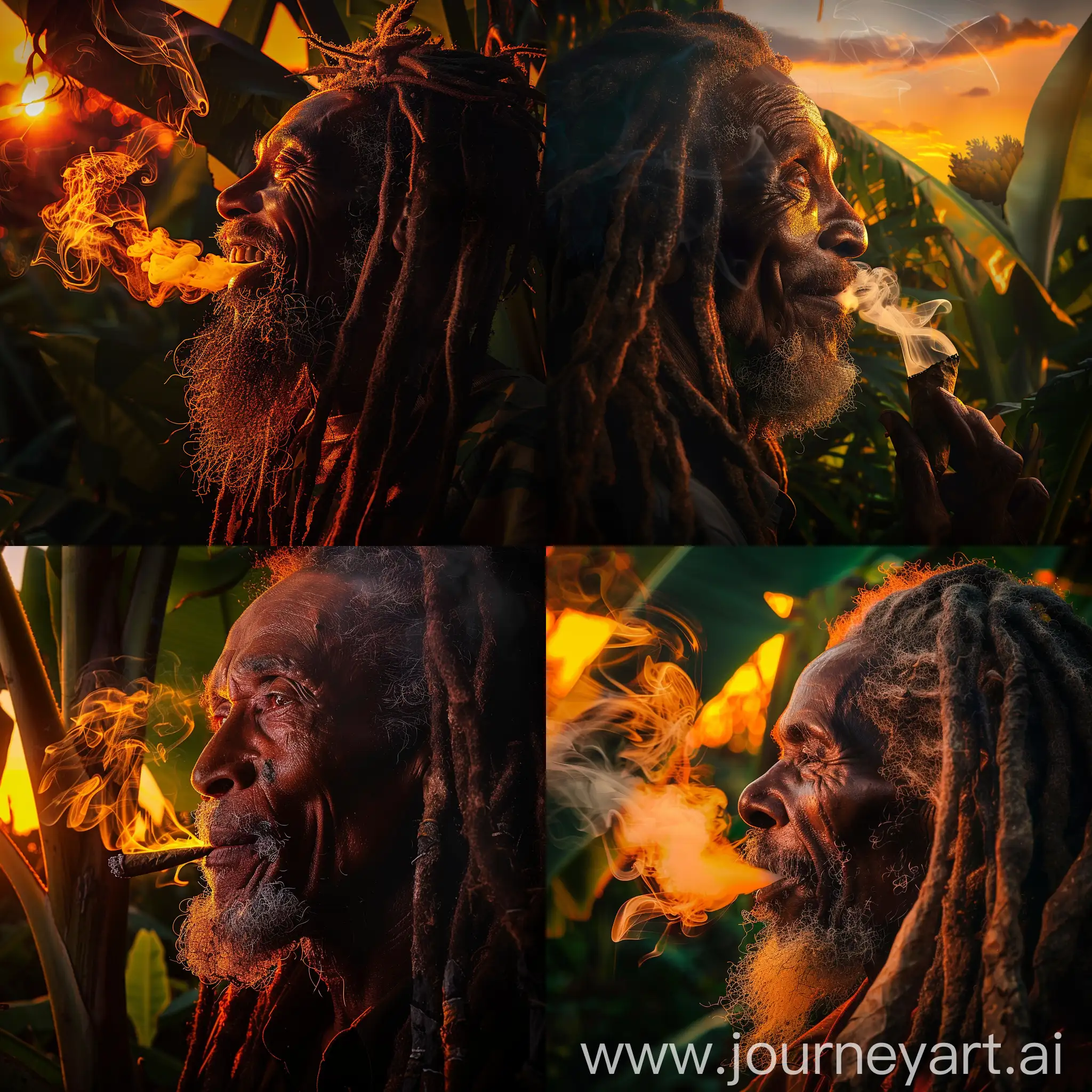 portrait of a happy Old rastafari man with dreadlocks smoking a spliff in banana plantation at sunset.
his face is lit from the side, the smoke is lit by orange light from the sunset.
his facial contours are well defined by shadows