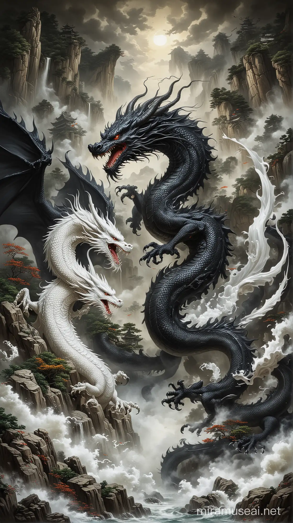Dual Dragon Confrontation in Traditional Chinese Art Style