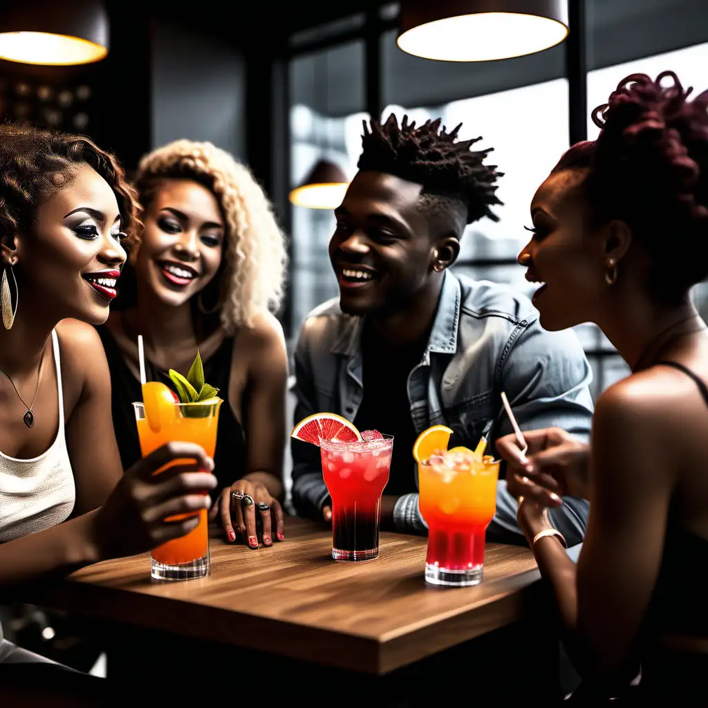 Vibrant Urban Rooftop Bar Scene with African American Millennials Enjoying Colorful Cocktails