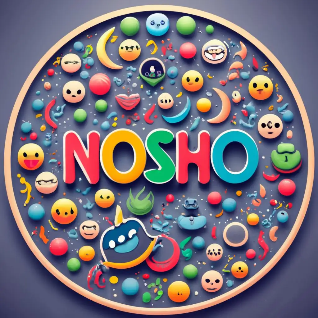 "NOSHO-CONNECT" logo, round happy emojis with colors of red, yellow, blue and green, with the text "Nosho Connect", event typography, be used in Travel industry - smiling happy emojis - hindu mythology - BRIGHT