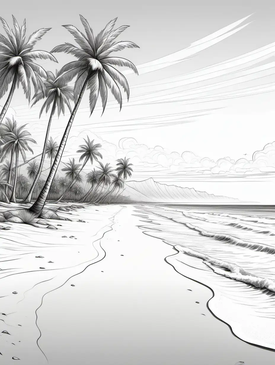 side view of a  wide beach with lots of palmtrees, no color, thick lines, seascape