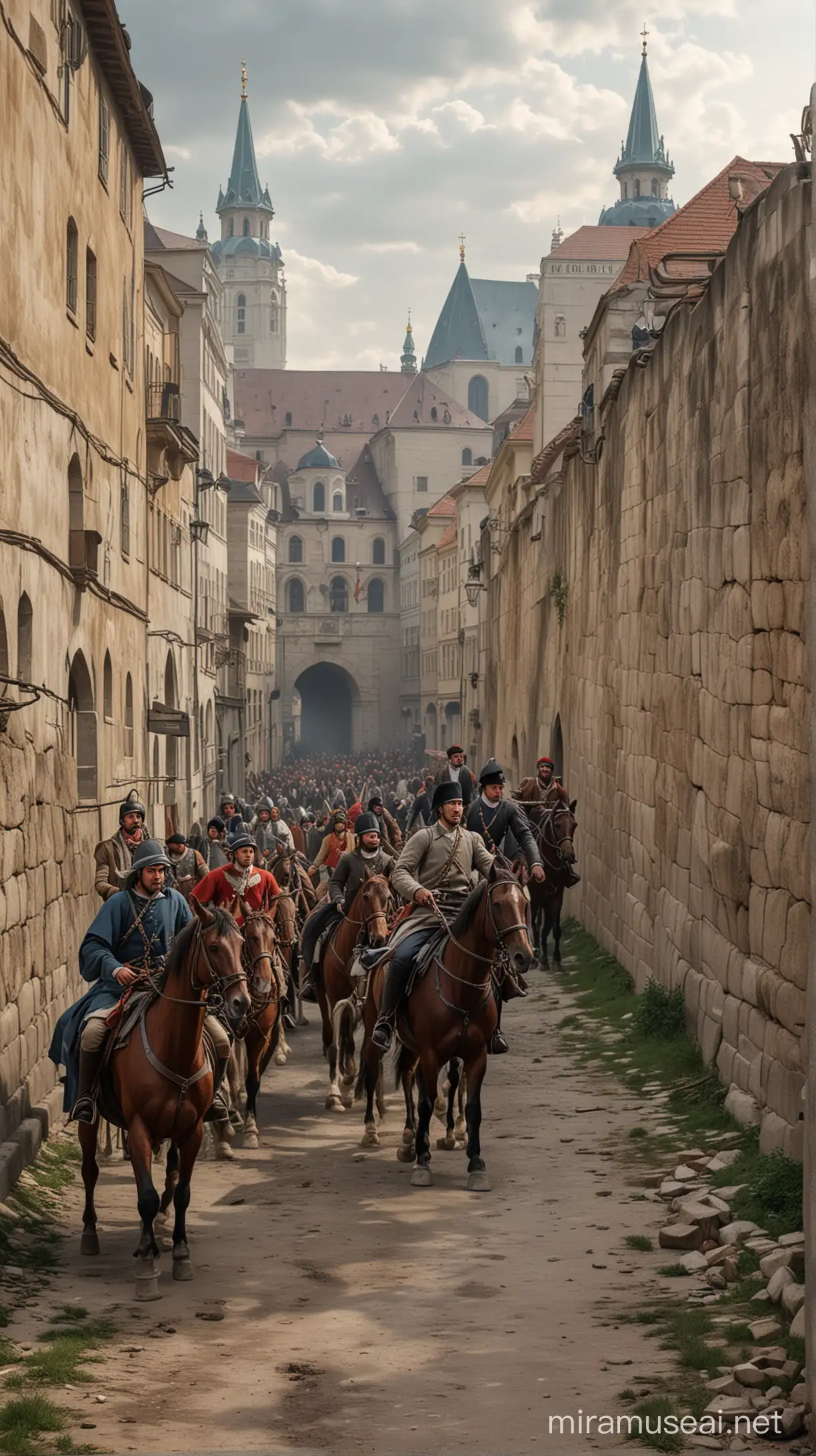 Produce a dramatic image of Vienna's defenders rallying to the city's defence, with citizens fortifying the walls and preparing for battle with the Ottoman army in 1683 when the siege of Vienna happened. Hyper realistic