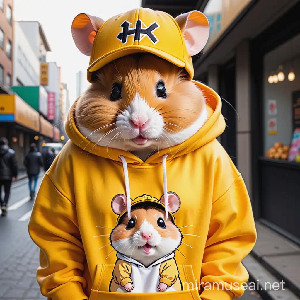 Hamster in Yellow Hoodie and Cap Cool Hip Hop Style
