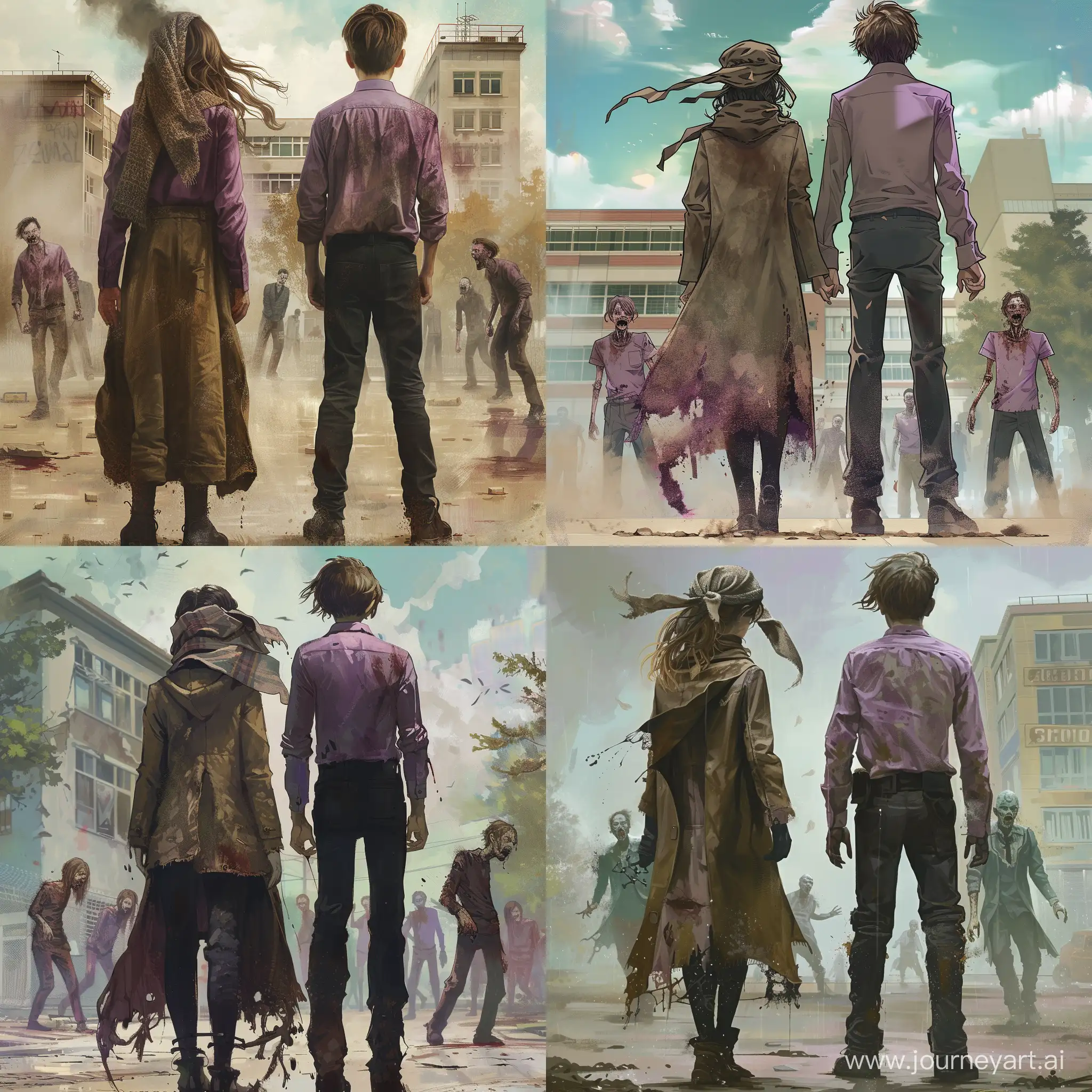 A 16-years-old girl from the back with a scarf on her head and a long block coat that has become dusty , and a tall 18-years-old boy from the back with a lilac shirt , black pants and black shoes and brown hair.Zombies and a school building can be seen in the background.to be and it is daytime.The faces of the boy and girl are not visible.