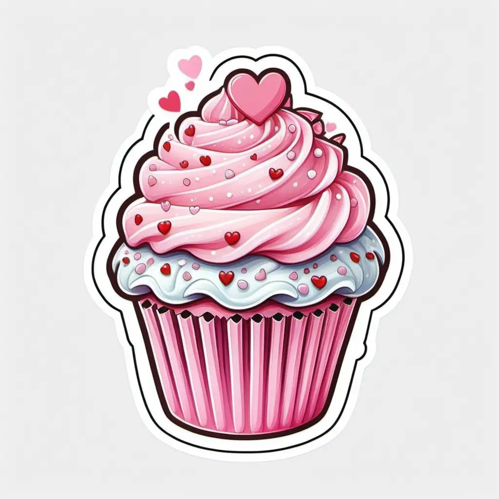 fairytale, whimsical, cartoon, pastel frosted in white  and pink,valentine cupcake, delicatly decorated, sticker, white background