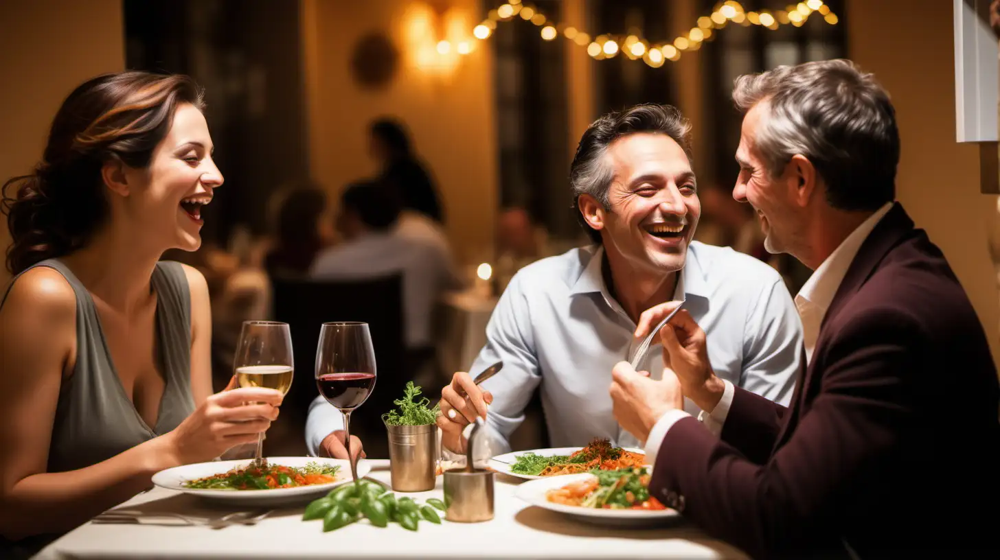 Couples enjoying, delicious Italian cuisine, various dishes, sharing plates, lively conversation, laughter, joyful moments, beautifully decorated space, warm lighting, 35mm lens, f/4.0, iso/200, dining experience, appetizing scene –ar 16:9