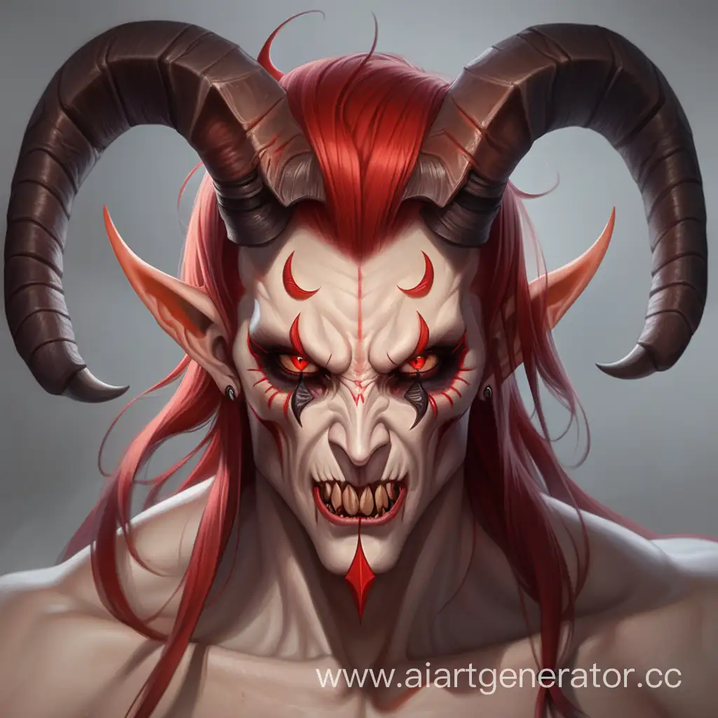демон, три коротких рога, красные глаза смотрят из чёрных глазниц, красные волосы, смуглая кожа
