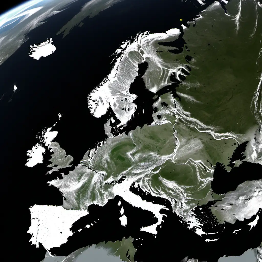 show me a view of northern Europe from orbit in space in grayscale with no countries' borders visible
