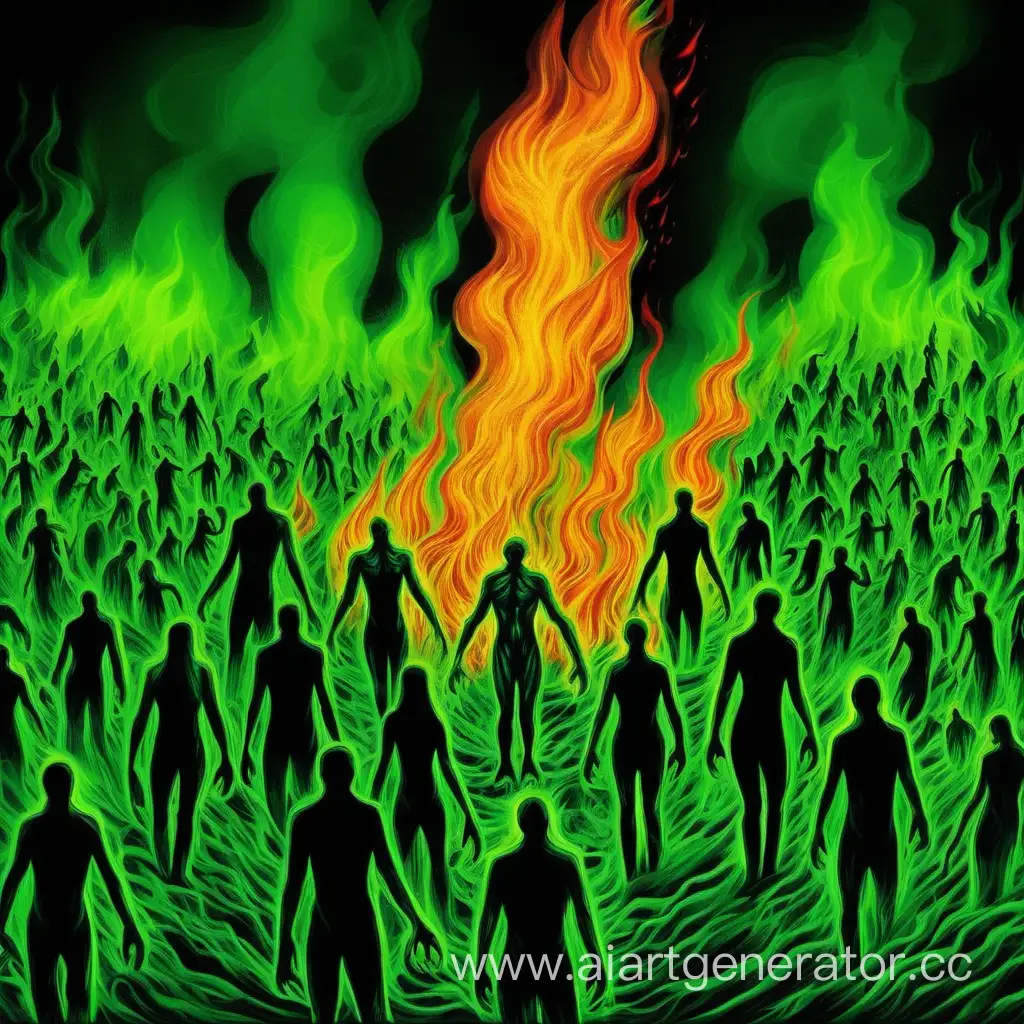 Люди горят в зелёном пламени. агония. ад