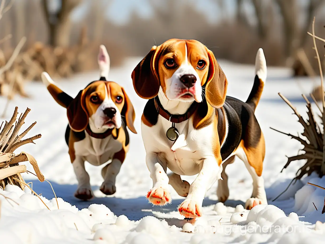 beagle dogs  hunting  for  cottontail rabbits  in winter time