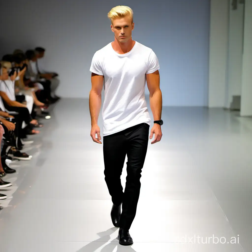 blonde male white t-shirt black trousers catwalk with public