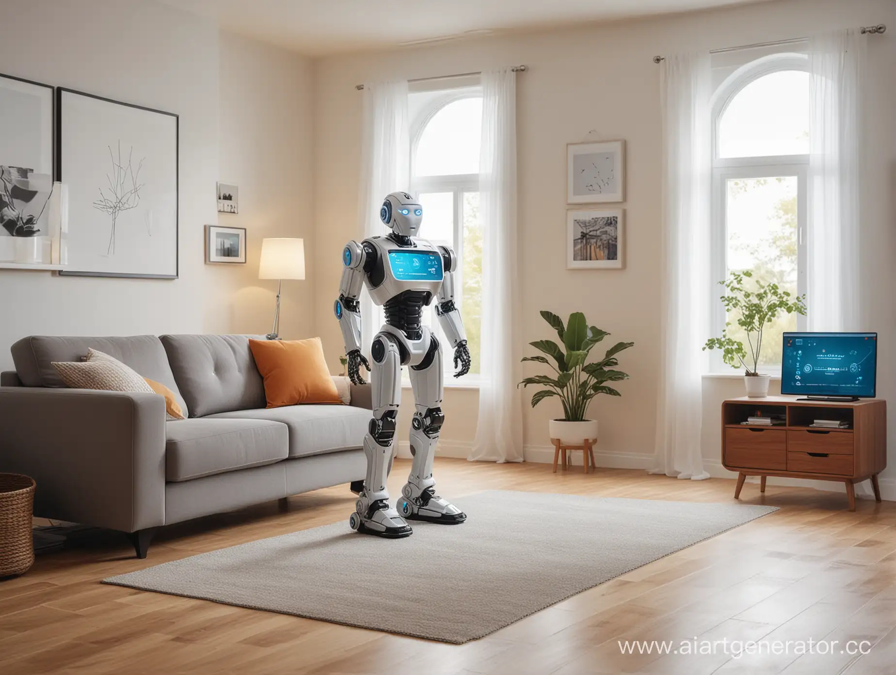 a living room where a robot rides and does everything around the house
; household appliances for the house of the future
