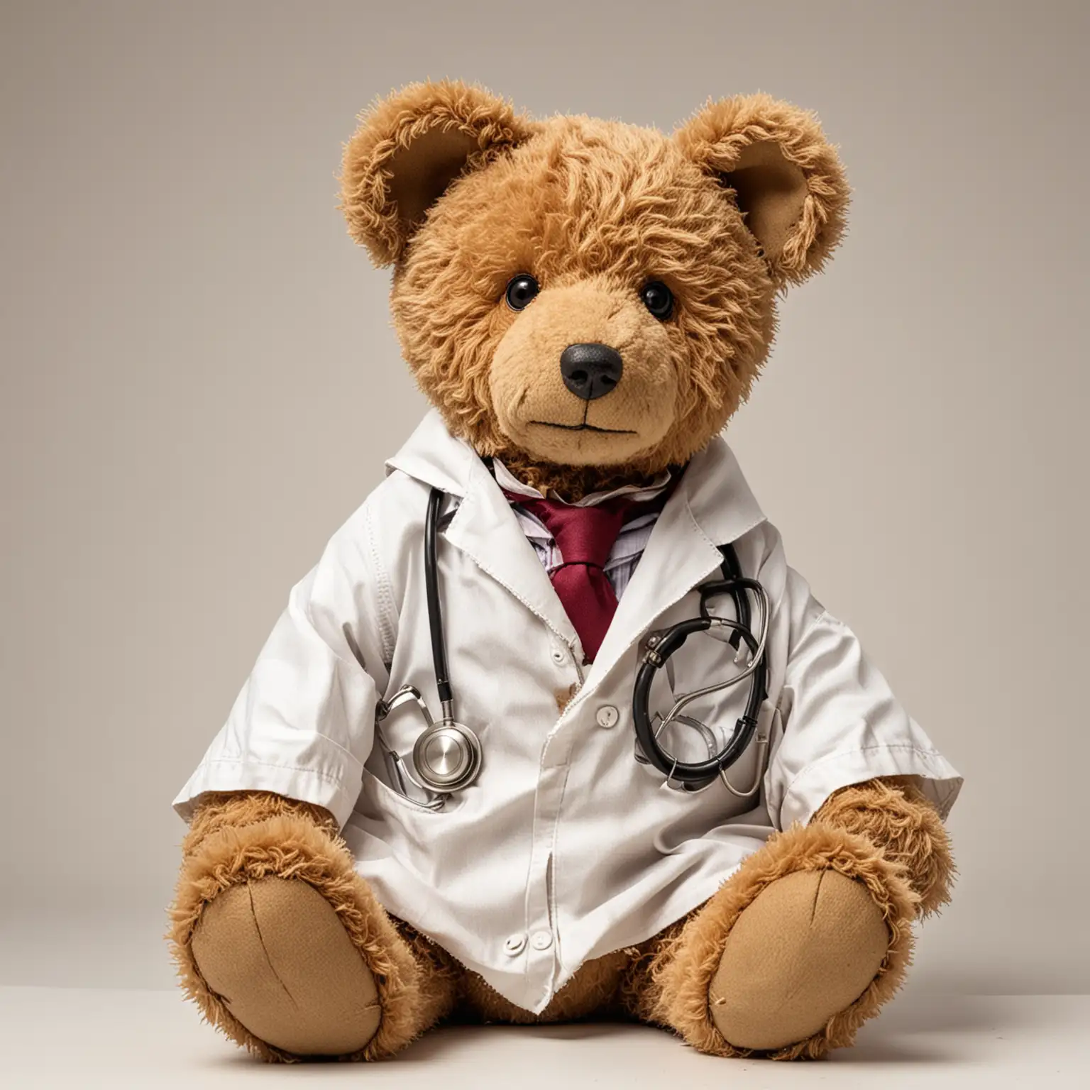 Battered old vintage Teddy Bear, dressed as a doctor, stethoscope draped around his neck, blank background