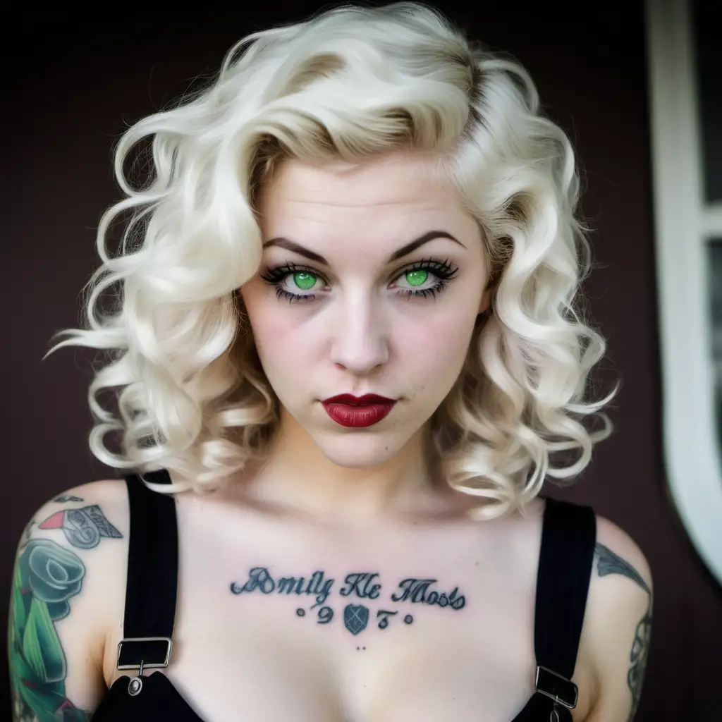 Female. Late 20's. Short fit body. Tattoos all over body. Long wavy white blonde hair. Very light green eyes. Full lips. Pixie like small nose. Rockabilly look.