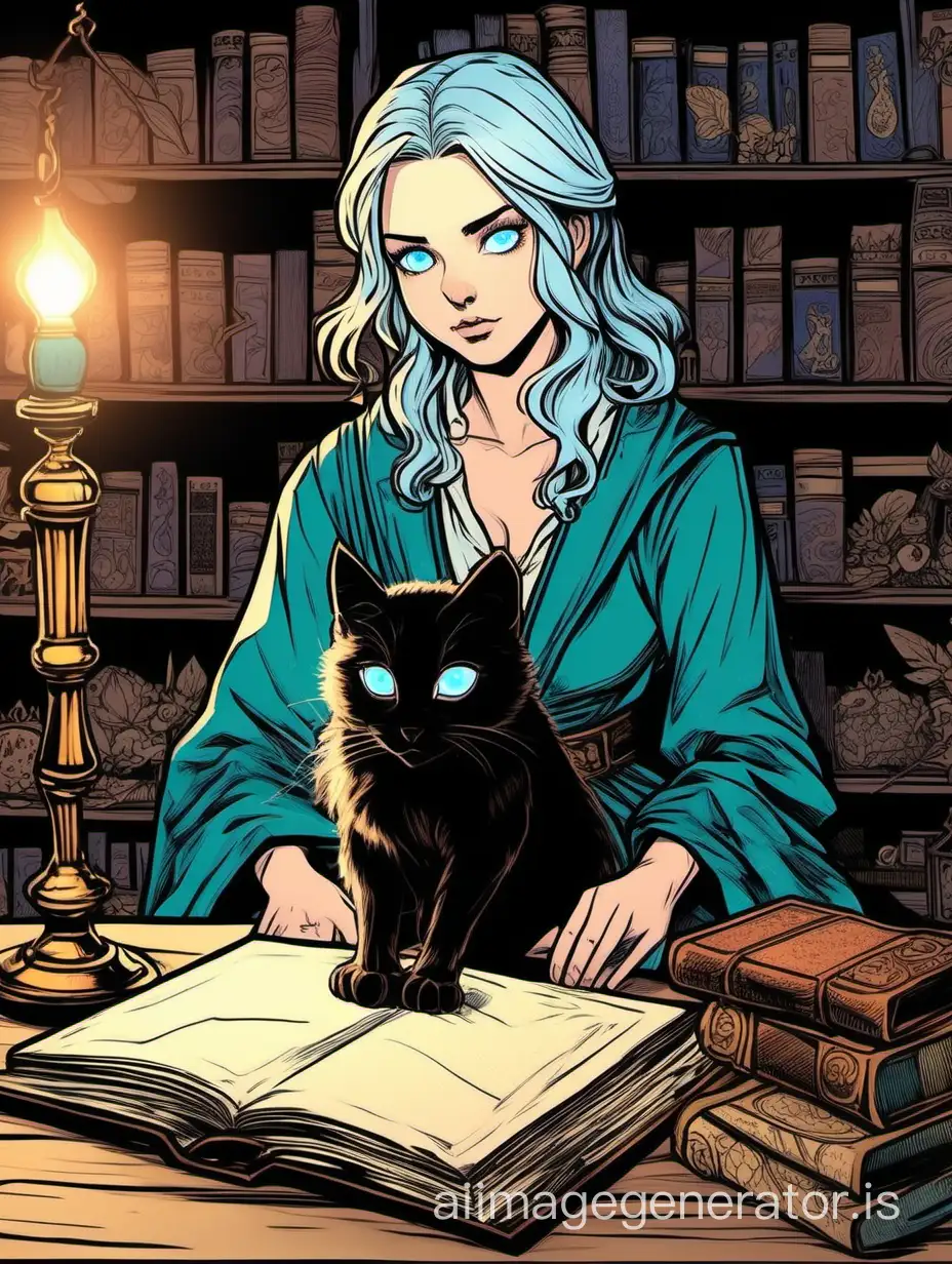 The picture should show a room furnished with magical artifacts, there should also be bookcases in the room with dry herbs for potions and other ingredients on them, the background lighting should be dim. In the foreground of the picture there is a table on which lies a thick book bound in dark leather. Sitting at the table is a magical girl with soft features, brown curls and bright blue eyes, she is dressed in a dark green pastel robe. In the girl’s arms sits a black cat with the same bright blue eyes. Drawing, fairytale illustration style, comic book style Witcher 3 style