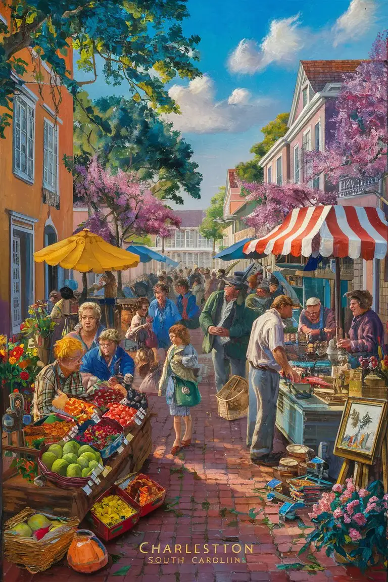 Create an image that captures a bustling outdoor market on a Spring day in Charleston, South Carolina, in the style of Reginald Marsh. The scene is alive with vibrant colors and bustling activity. The setting is a historic street lined with Charleston's well-known pastel-colored houses and blooming azaleas. The market is crowded with vendors selling a variety of goods—fresh produce, flowers, handmade crafts, and local art. Shoppers navigate the stalls, examining items, and interacting with the vendors. The atmosphere is lively and cheerful, with the sounds of conversation, laughter, and perhaps a street musician playing in the background adding to the ambiance. The sky is a clear blue, with just a few fluffy clouds, and the sun casts soft shadows, enhancing the depth and texture of the scene. Reginald Marsh's signature style—dynamic composition, emphasis on the figure, and a sense of movement—brings this outdoor market scene to life, capturing the essence of a vibrant community gathering on a beautiful Spring day in Charleston.