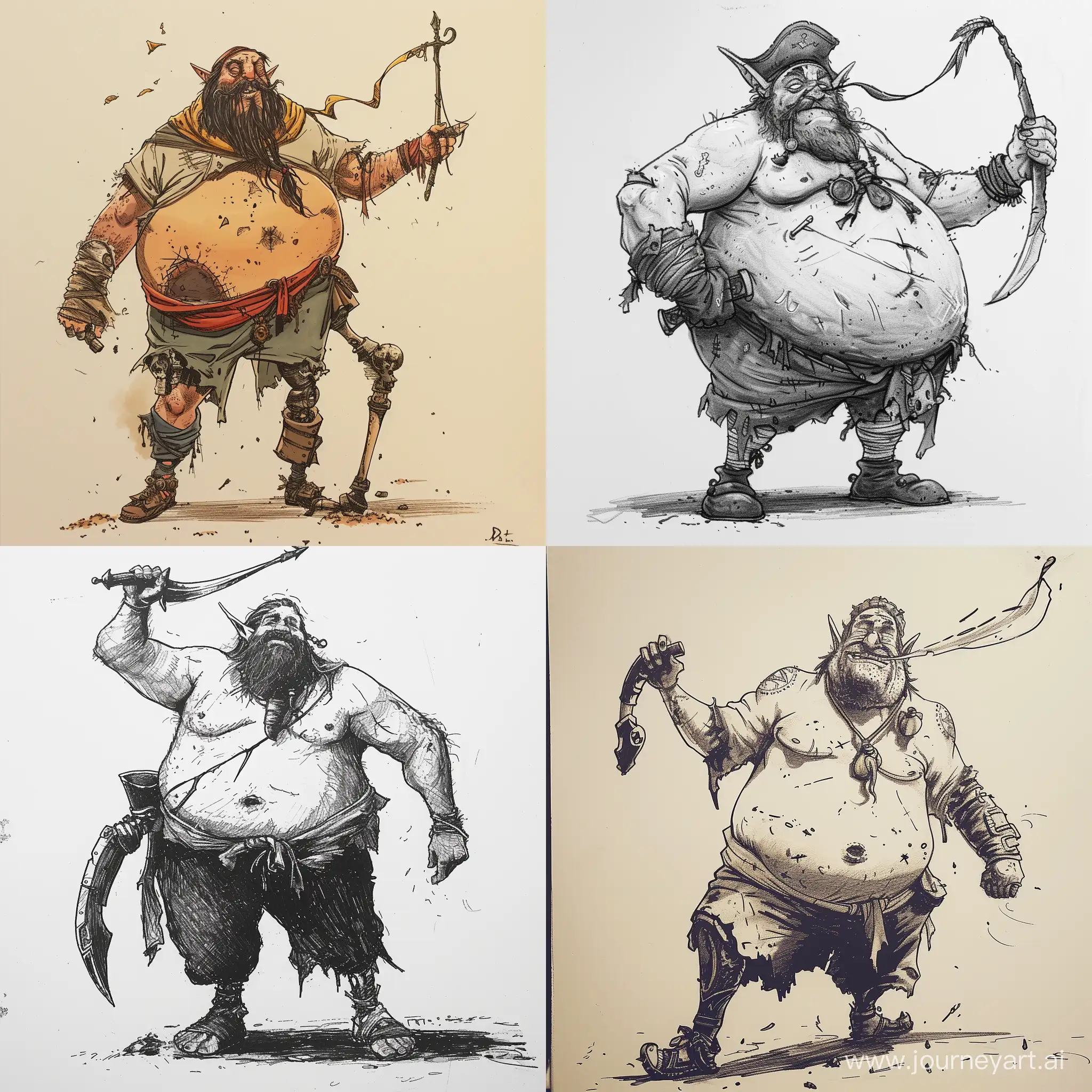 Draw a fat pirate, in rags, with a prosthetic leg, half elf, with a scimitar blown into the air