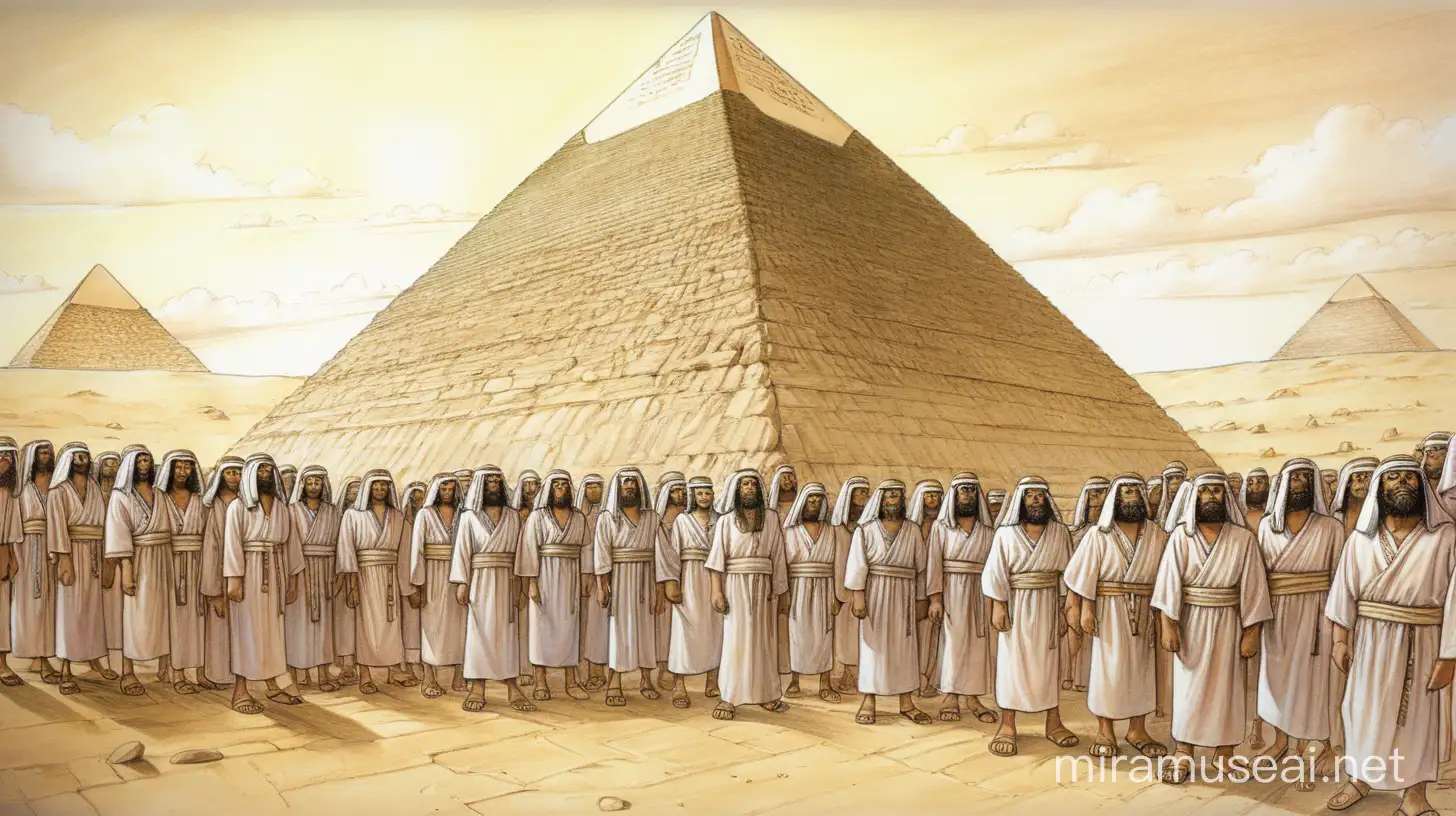 Draw me a picture for the children of Moses at the Exodus when they see the pyramids 
