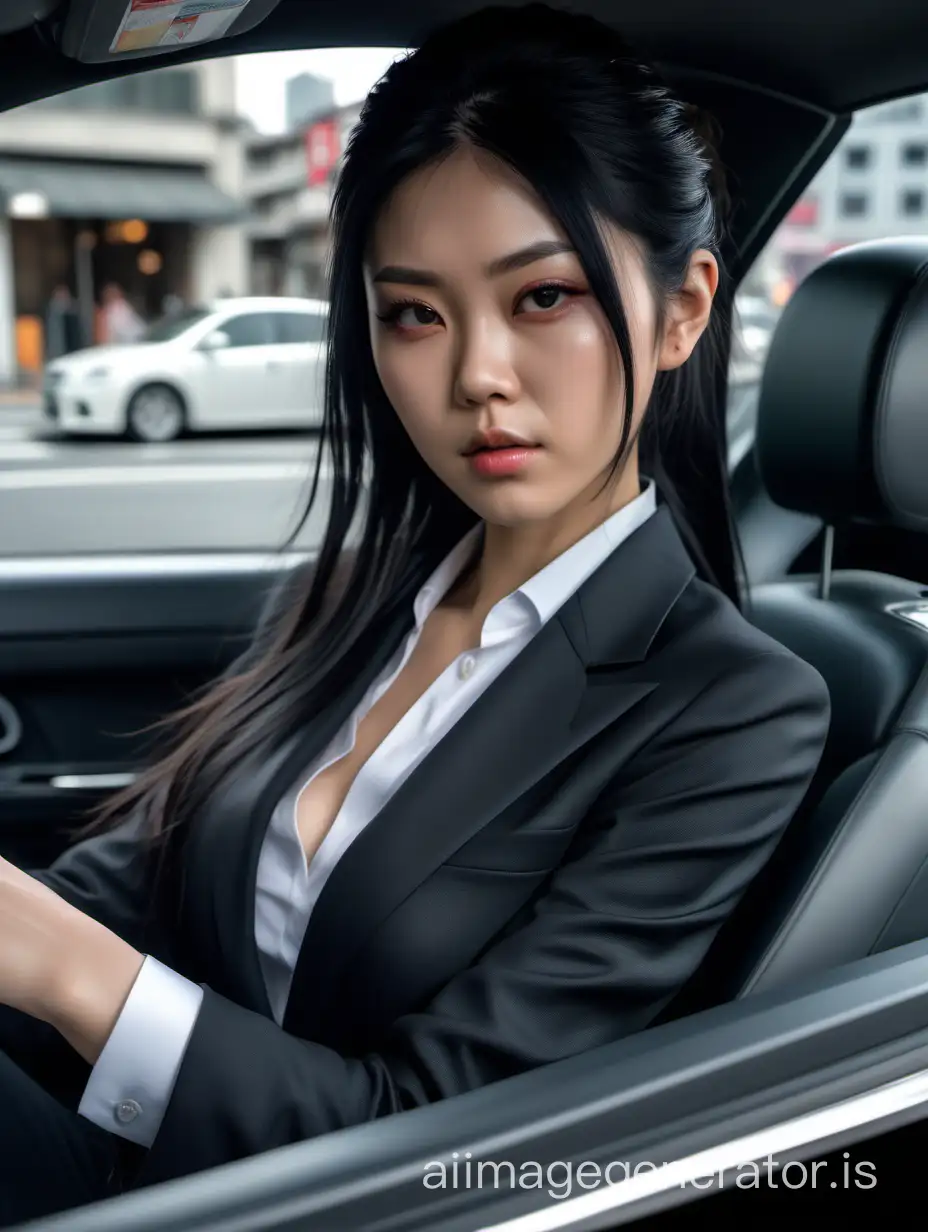 photo of a very beautiful young woman, full perfect body, executive black clothing, tied hair, black hair, Japanese, hyperrealism, 8K UHD, realistic skin texture, imperfect skin, filmed with Canon EOS 5D Mark IV, highly detailed, masterpiece, perfect hand, driving a ferrary, city day background, photo from inside the car, car with perfect details