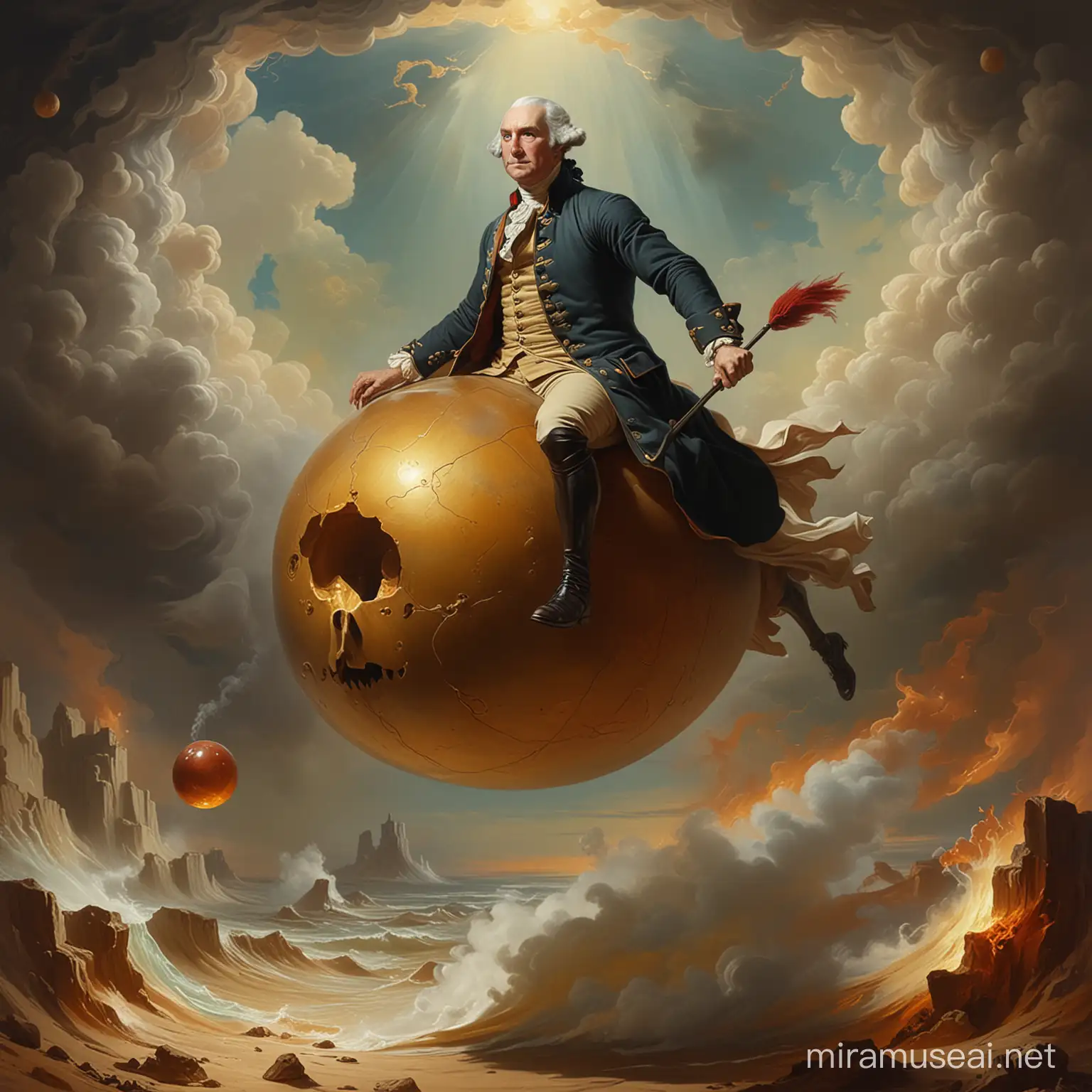 George washington riding a bouncing ball to hell in the style of dali