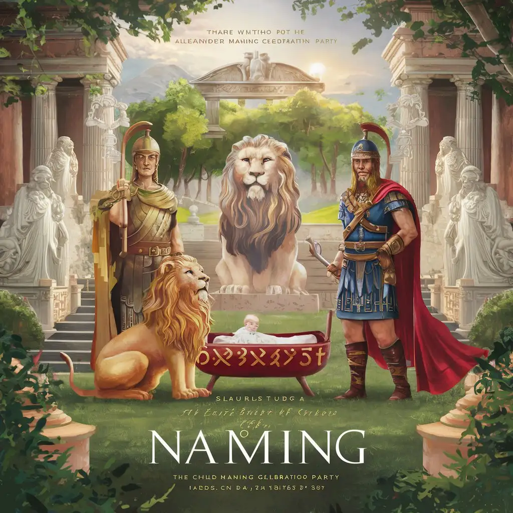 Create an invitation poster for a Child Naming Celebration party blending elements of Ancient Rome, Viking culture, and the legacy of Alexander the Great, while maintaining a peaceful and non-violent theme. 
