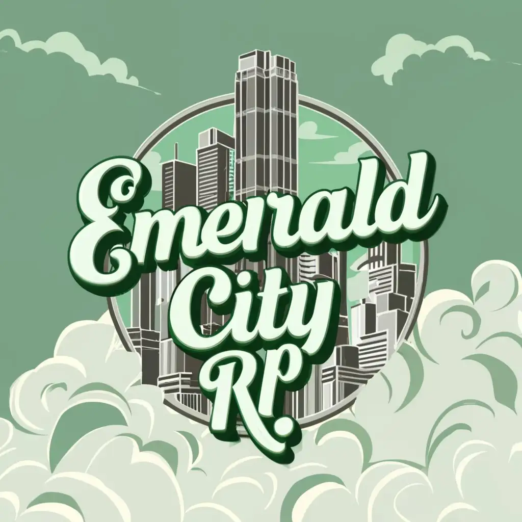 a logo design,with the text Emerald City RP, main symbol:3d text classic 3d text Emerald City Rp with clouds and city greyscale. Add some retro. Spelled Emerald City Rp flair,Moderate,be used in Travel industry,clear background