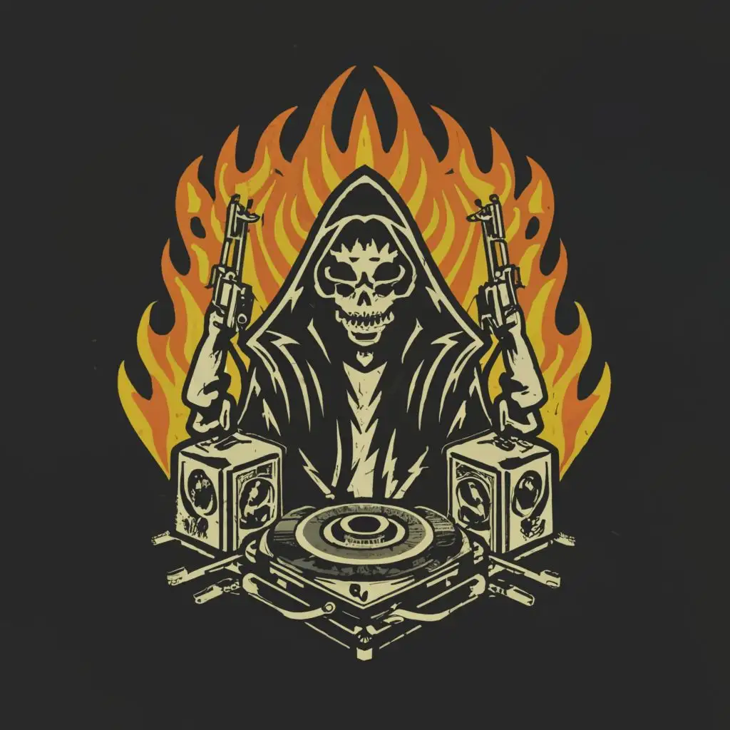 LOGO-Design-for-The-Heretic-Fiery-Turntable-and-Microphone-with-Skull-and-Pistols-Theme-for-Entertainment-Industry