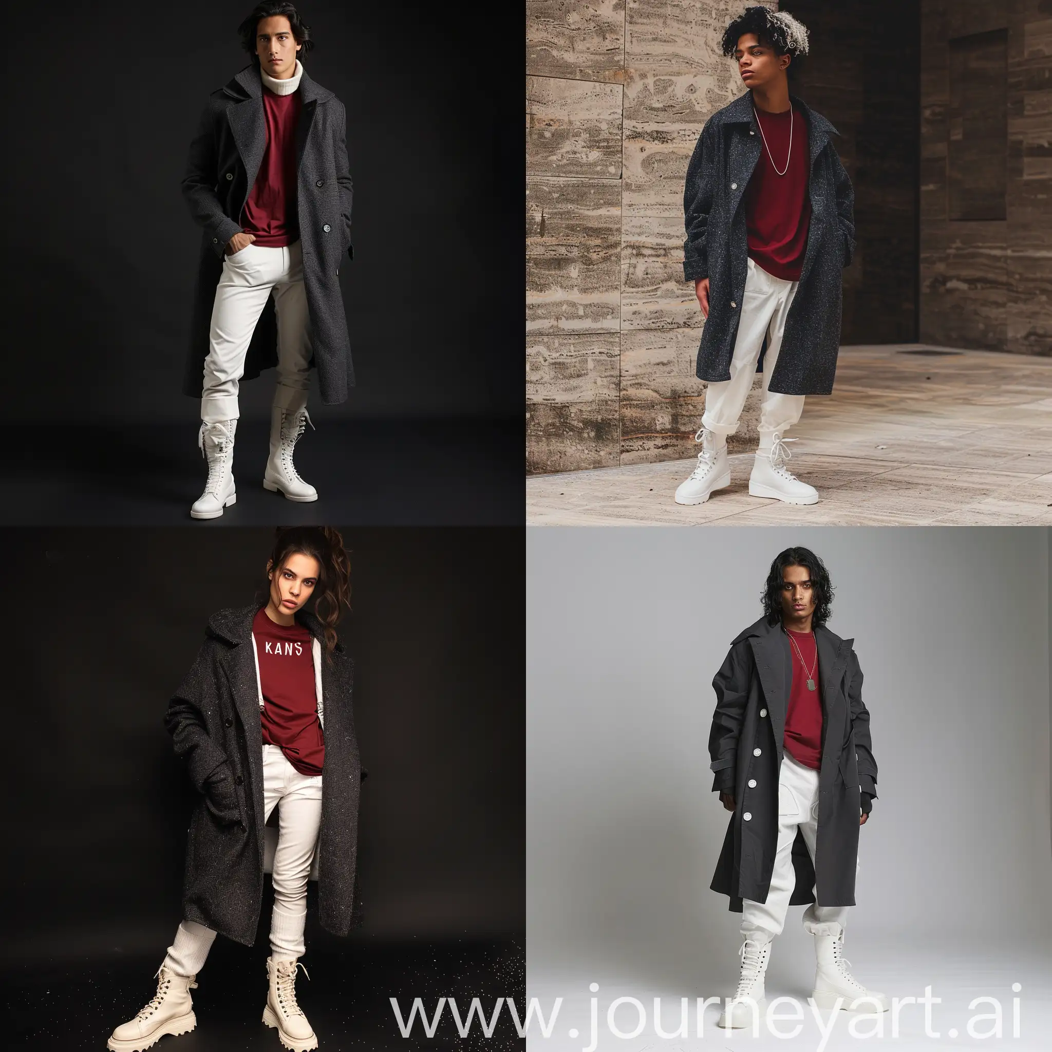 Stylish-Urban-Fashion-Unbuttoned-Dark-Gray-Coat-and-White-Boots