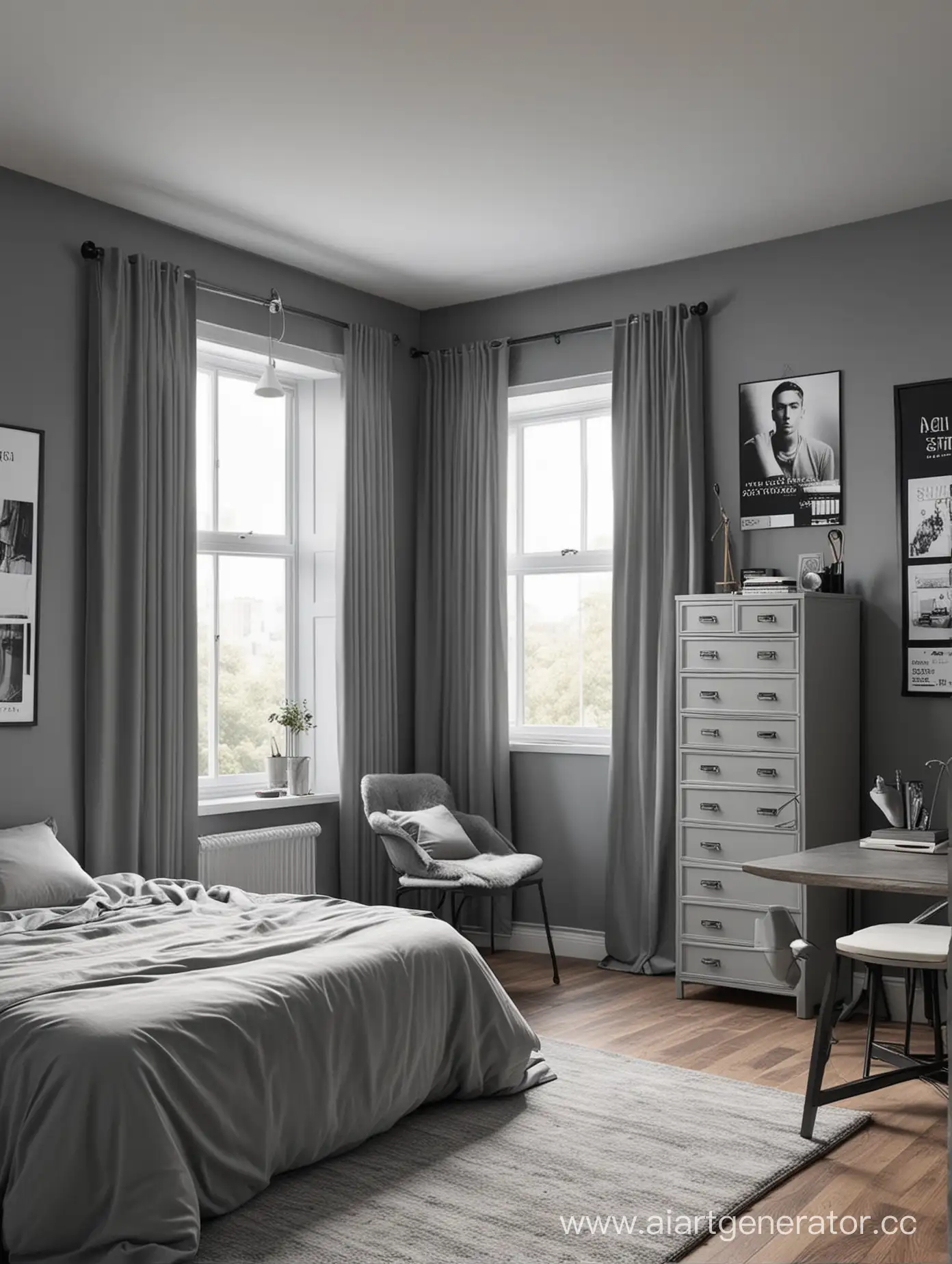Spacious-Gray-Room-with-Bed-Desk-Wardrobe-and-Eminem-Posters