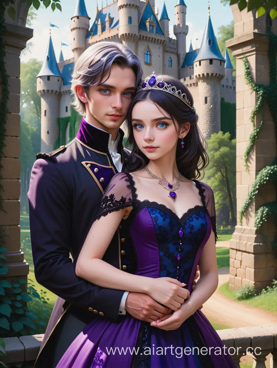 A girl with dark hair and blue eyes stands against the background of a castle in a forest thicket. She is wearing a dark purple dress with black lace, jewelry and a silver tiara with purple stones. A guy with short white hair and golden eyes, in a black tailcoat, hugs her around the waist.