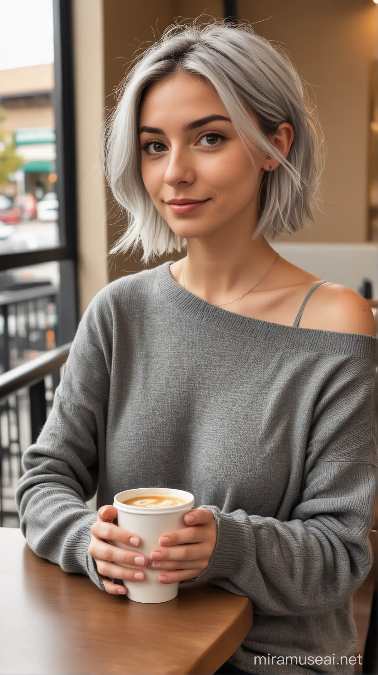 Stylish Young Woman Enjoying Coffee at Starbucks