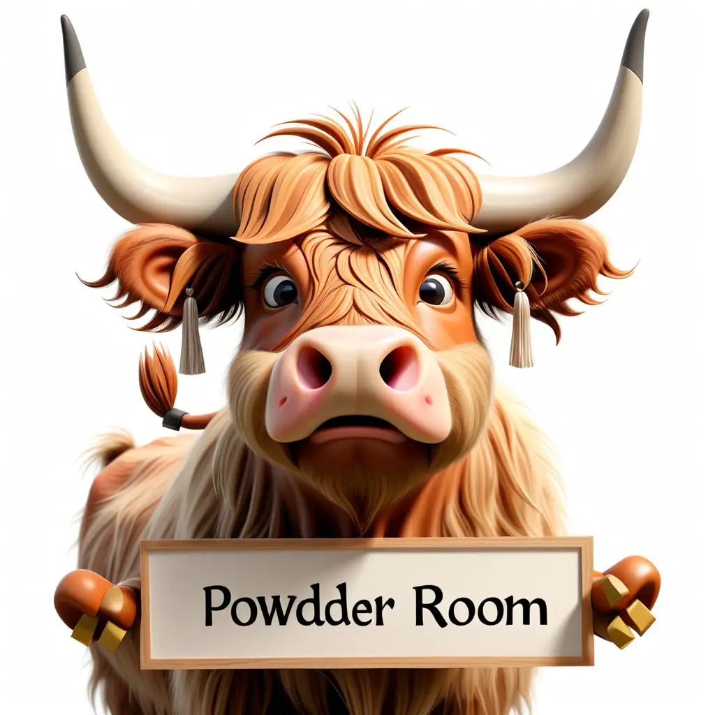 A highland cow holding a sign --write "powder room" style emblem
