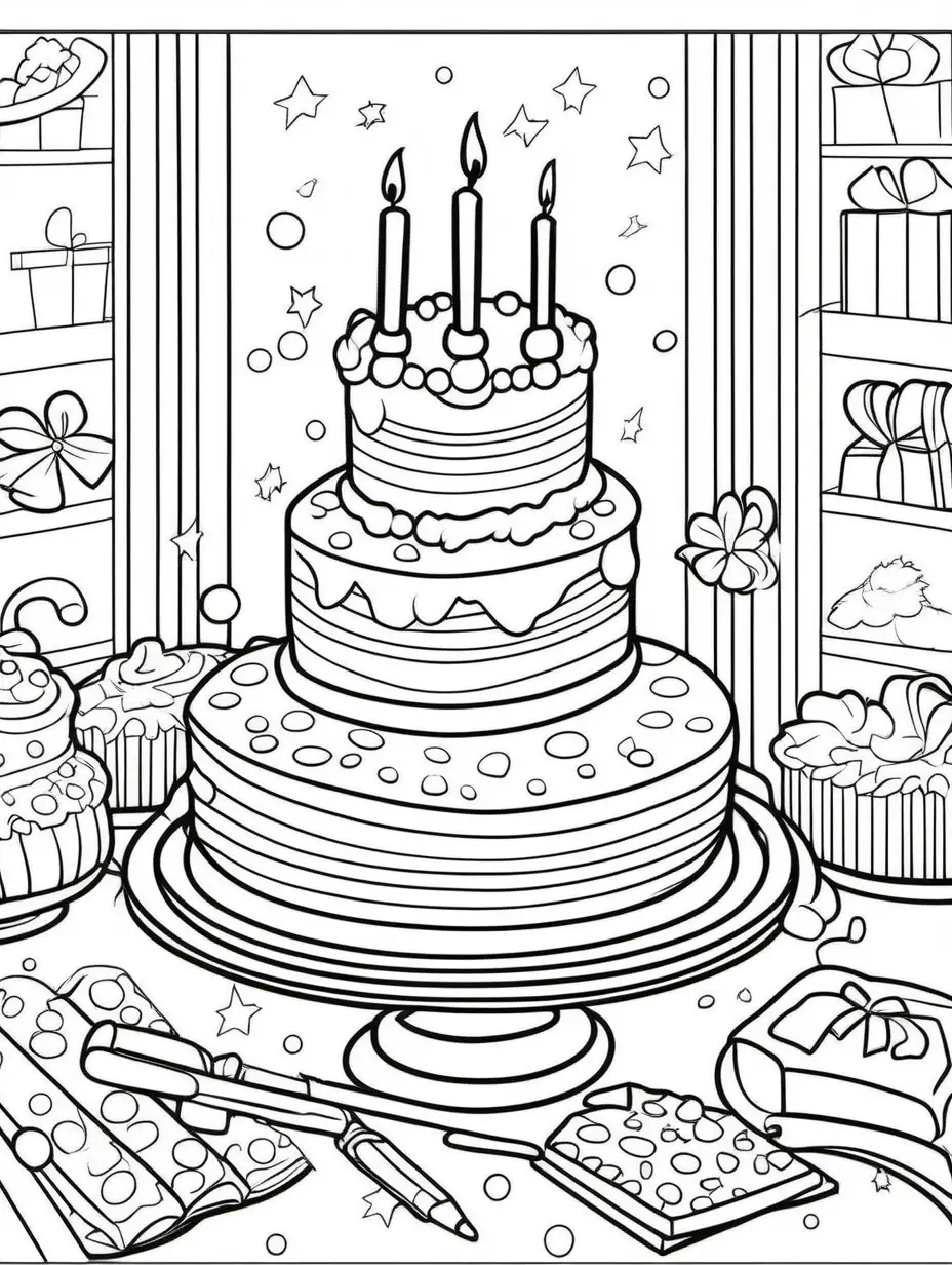 coloring pages for kids, Disney and birthday objects drawn separately, no bleeds off the pages, activity book, thick lines, low detail, no shading