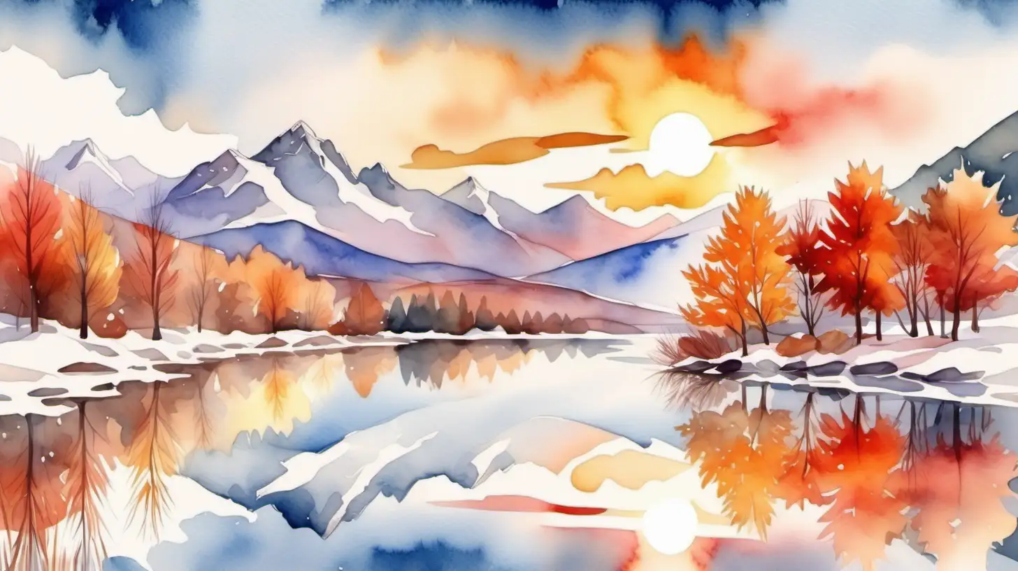 bright sunset over a lake, mountains, clouds, reflection, autumn trees, snow, watercolor style
